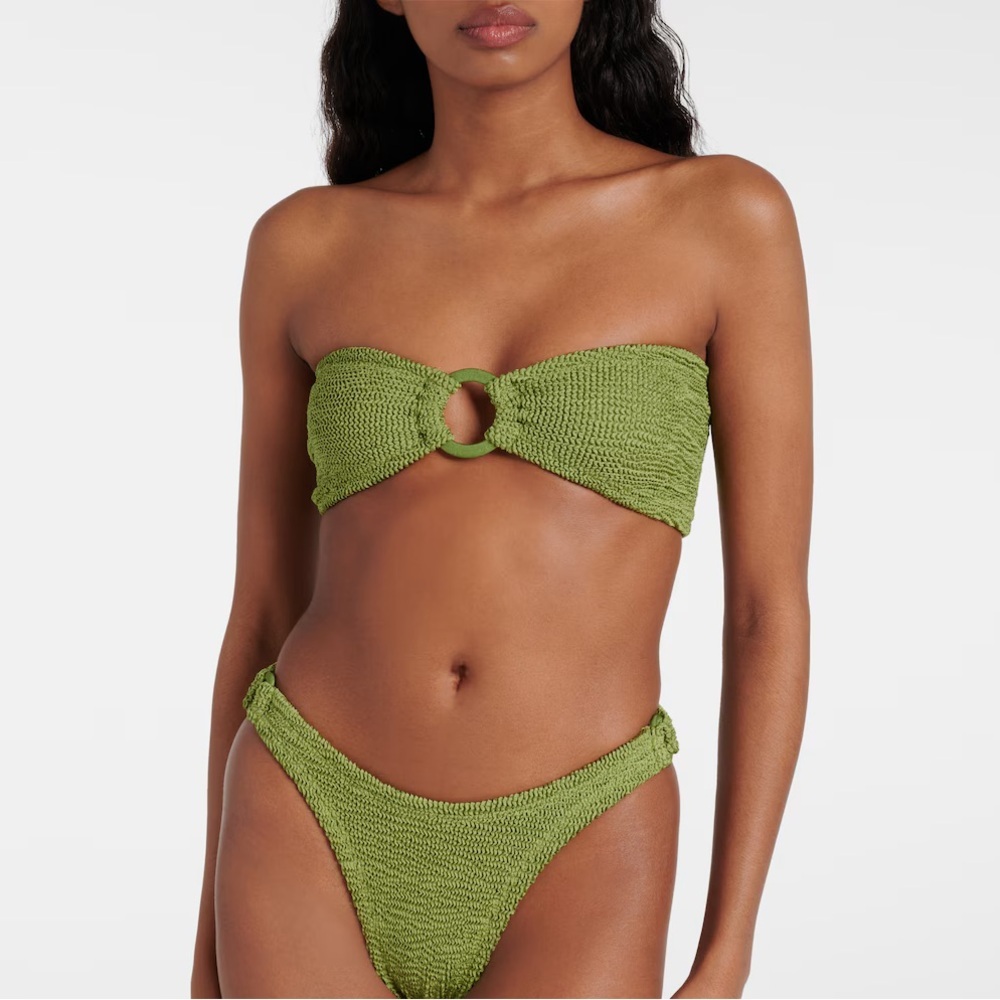 New Hunza G Green Gloria Bikini Set Swimwear One Size Metallic Moss Crinkle